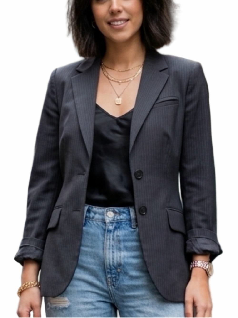 Esprit Pinstripe Fitted Blazer Jacket Charcoal Grey Office Siren 90s Retro S6